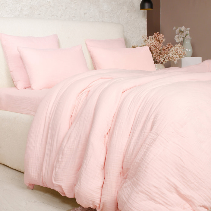 Parure housse de couette gaze de coton lavé rose lotus
