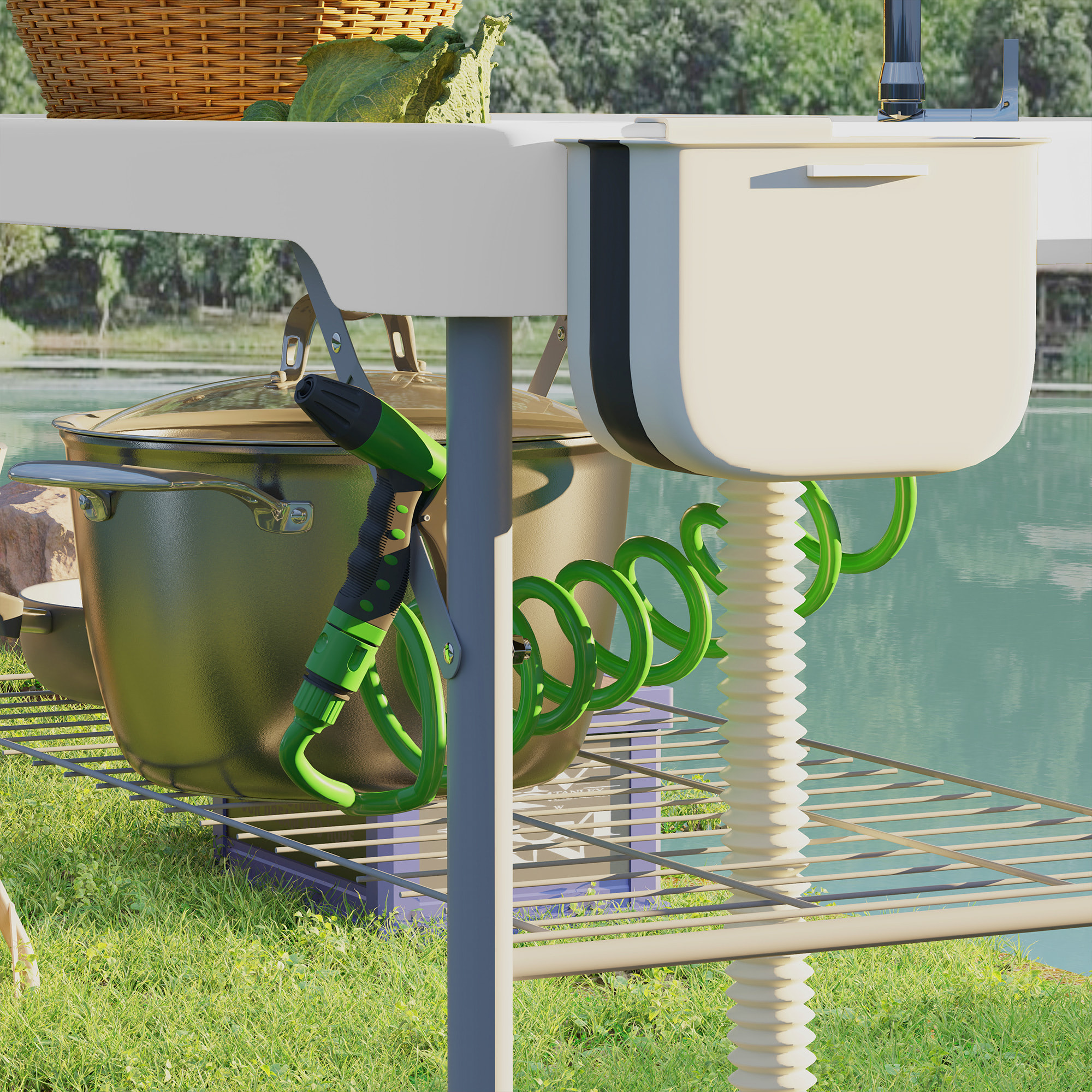 Mesa para Limpiar Pescado Portátil Mesa Plegable para Camping con 2 Fregaderos Manguera de Drenaje Estación de Limpieza y Grifo para Pesca Barbacoa Blanco
