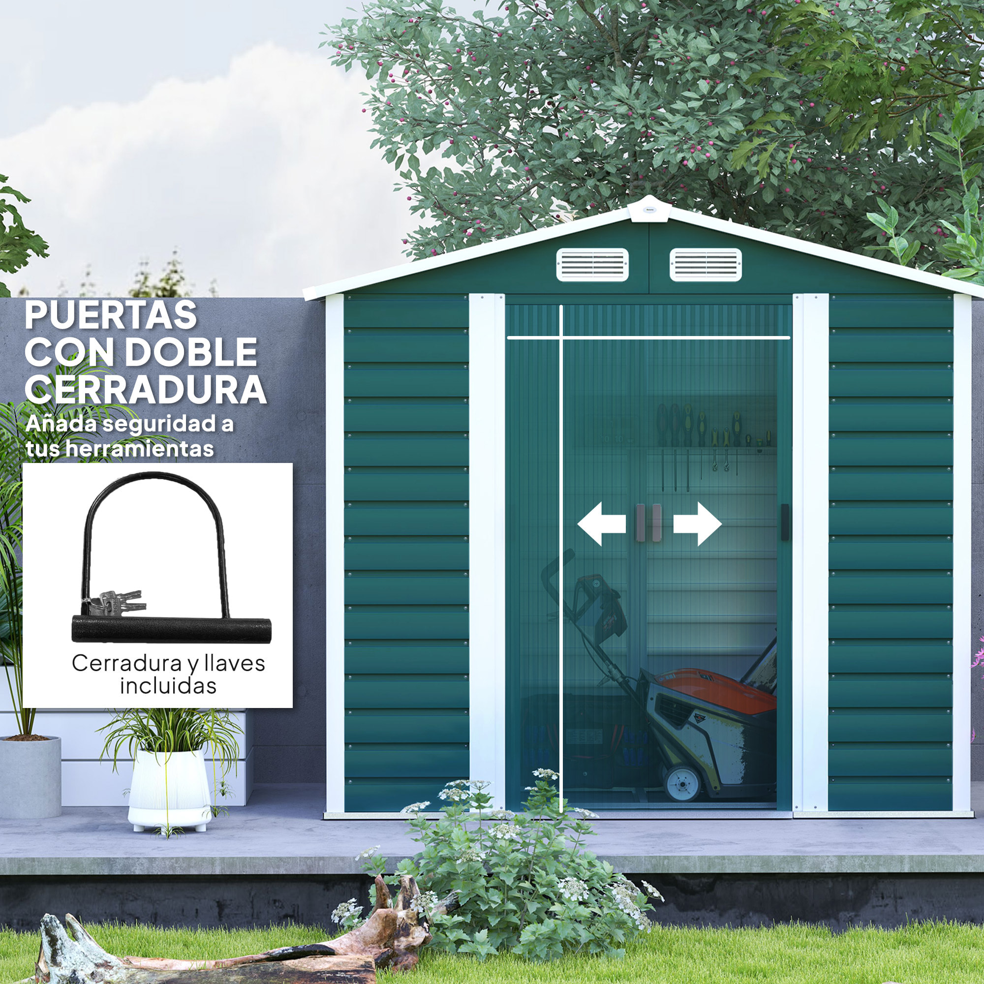 Caseta de Jardín Exterior 2,36m² 213x120x194 cm Cobertizo de Jardín Exterior con Base Refuerzo (Suelo NO Incluido) Puertas Correderas Dobles Candado Ventanas Verde Oscuro