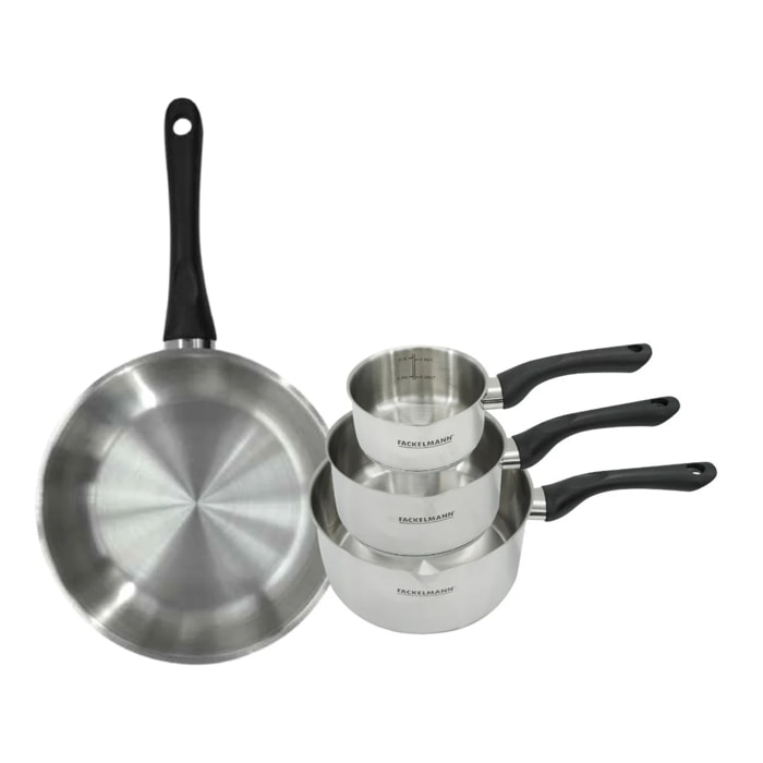 Set poêle 28 cm et 3 casseroles 12 16 et 20 cm en inox Fackelmann Geneva