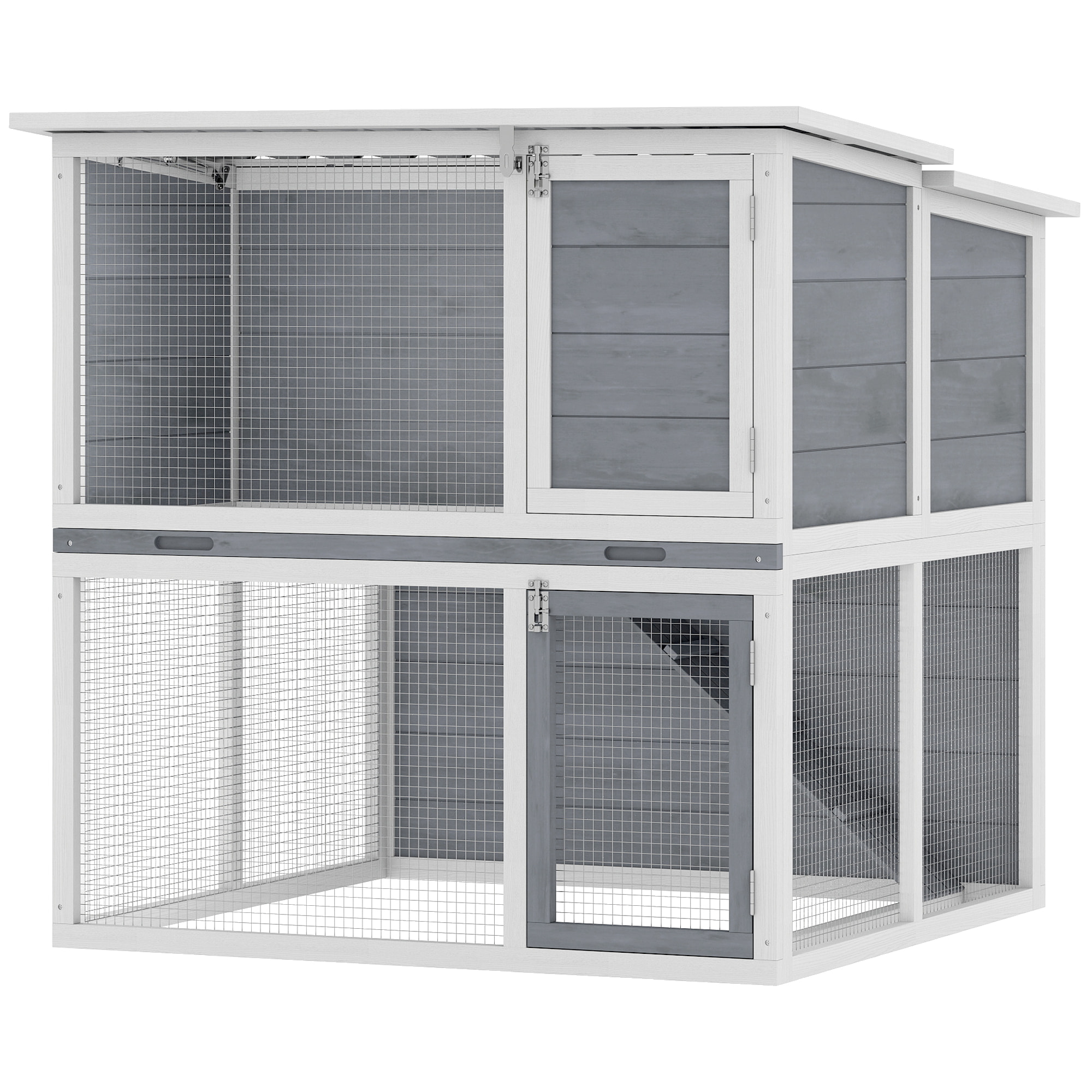 Clapier lapin extérieur 2 étages toit double ouverture bois gris