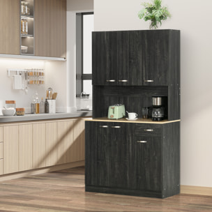 Alacena de Cocina Mueble Auxiliar de Cocina Alta con 6 Puertas Cajón Encimera Abierta y Estantes Ajustables Estilo Moderno Negro Veteado 101x39x180 cm