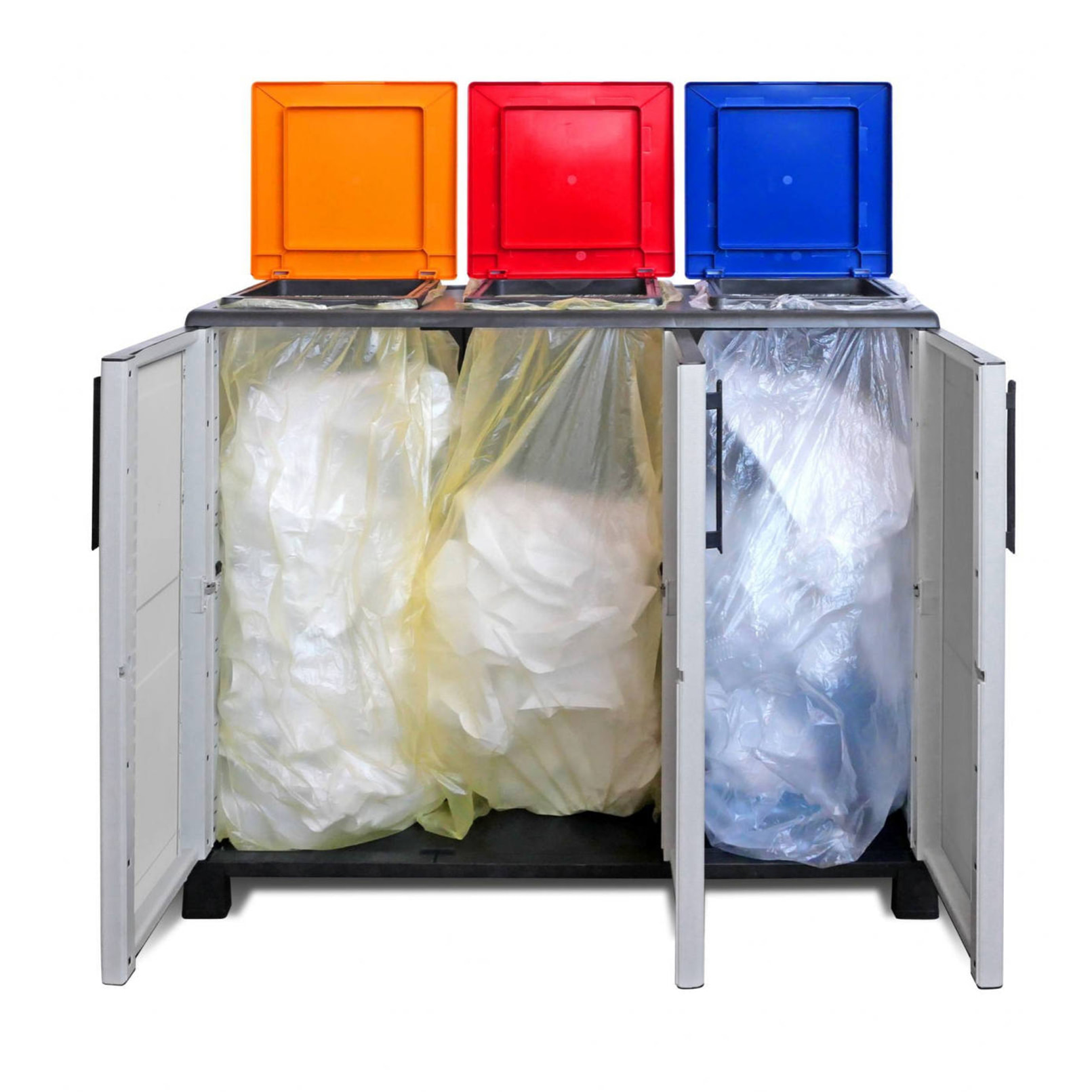 Pattumiera Anthea, Cestino portarifiuti, Bidone per raccolta differenziata, 100% Made in Italy, 3 ante, 102x37h90 cm, Grigio chiaro e Multicolore
