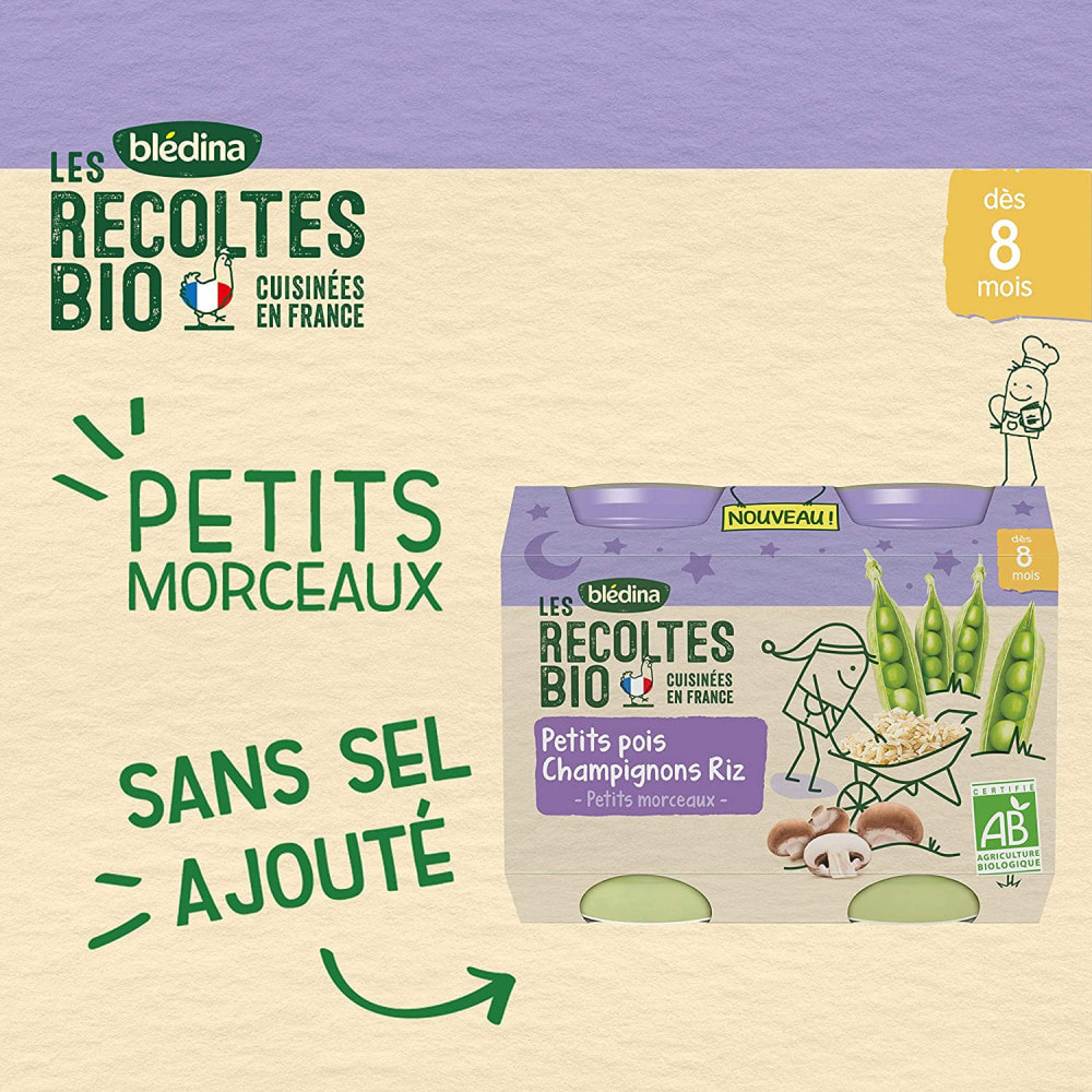 12 Petits Pots Petits Pois, Champignons, Riz 6x(2x200g) - Les Récoltes Bio Dès 8 Mois