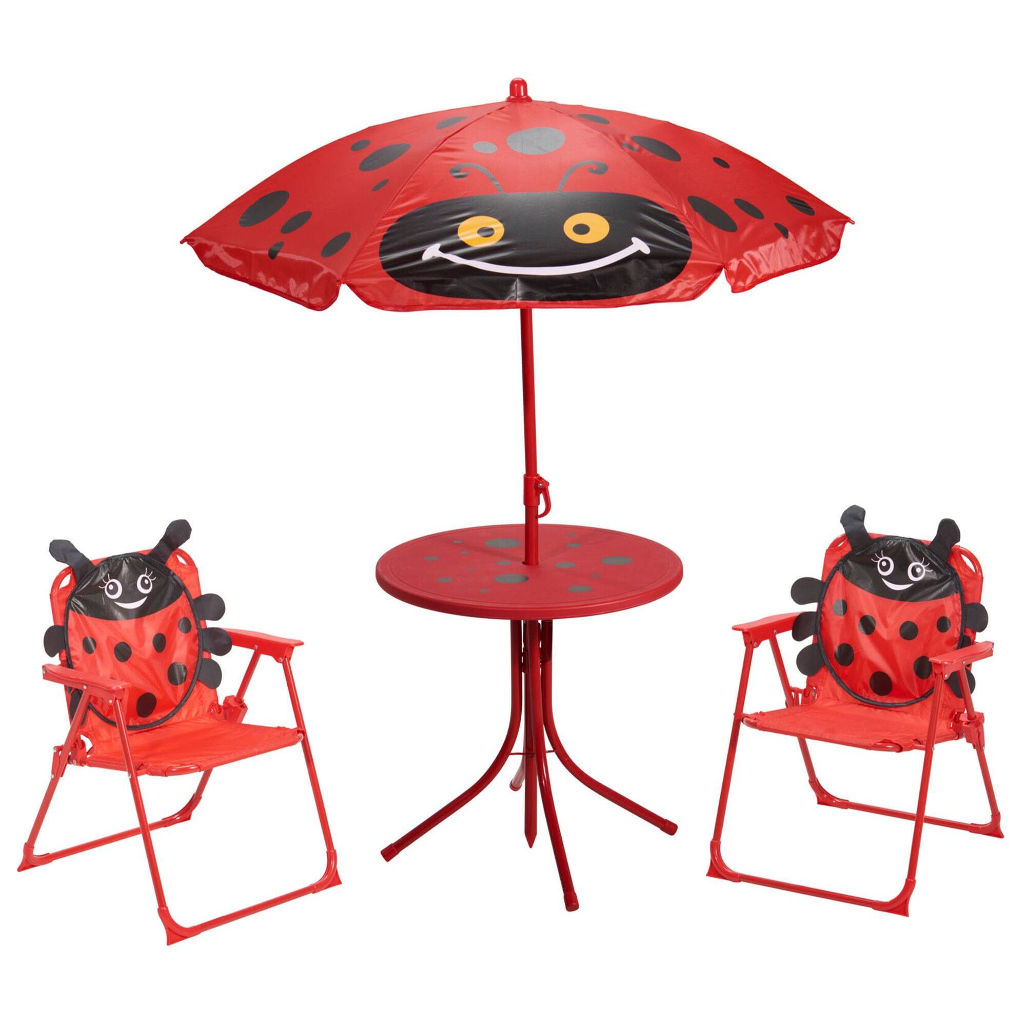 Well Home Conjunto jardín niños 4 piezas (mesa + 2 sillas + paraguas) diseño Mariquita, plegable y ligero