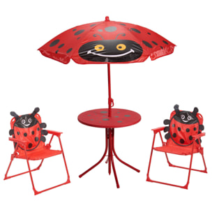 Well Home Conjunto jardín niños 4 piezas (mesa + 2 sillas + paraguas) diseño Mariquita, plegable y ligero
