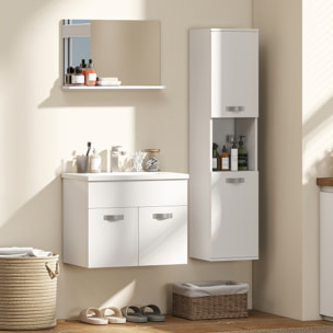 Conjunto de Muebles de Baño de Pared de 4 Piezas con Lavabo Cerámico, Espejo con Estante, Mueble Bajo Lavabo y Columna de Baño, Estilo Moderno, Blanco