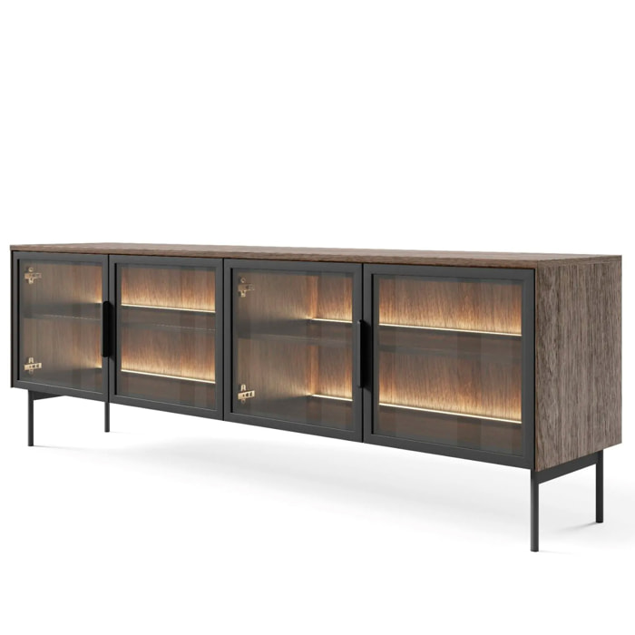 Mobile Porta TV Con 4 Ante In Vetro Temperato E Luce Led Integrata Ampio Spazio Design Elegante Moderno Soggiorno Camera 181.3 x 39.3 x 61.6 cm Rovere scuro