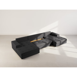 Bastian - canapé panoramique en U 7 places convertible avec coffre en velours texturé - Noir