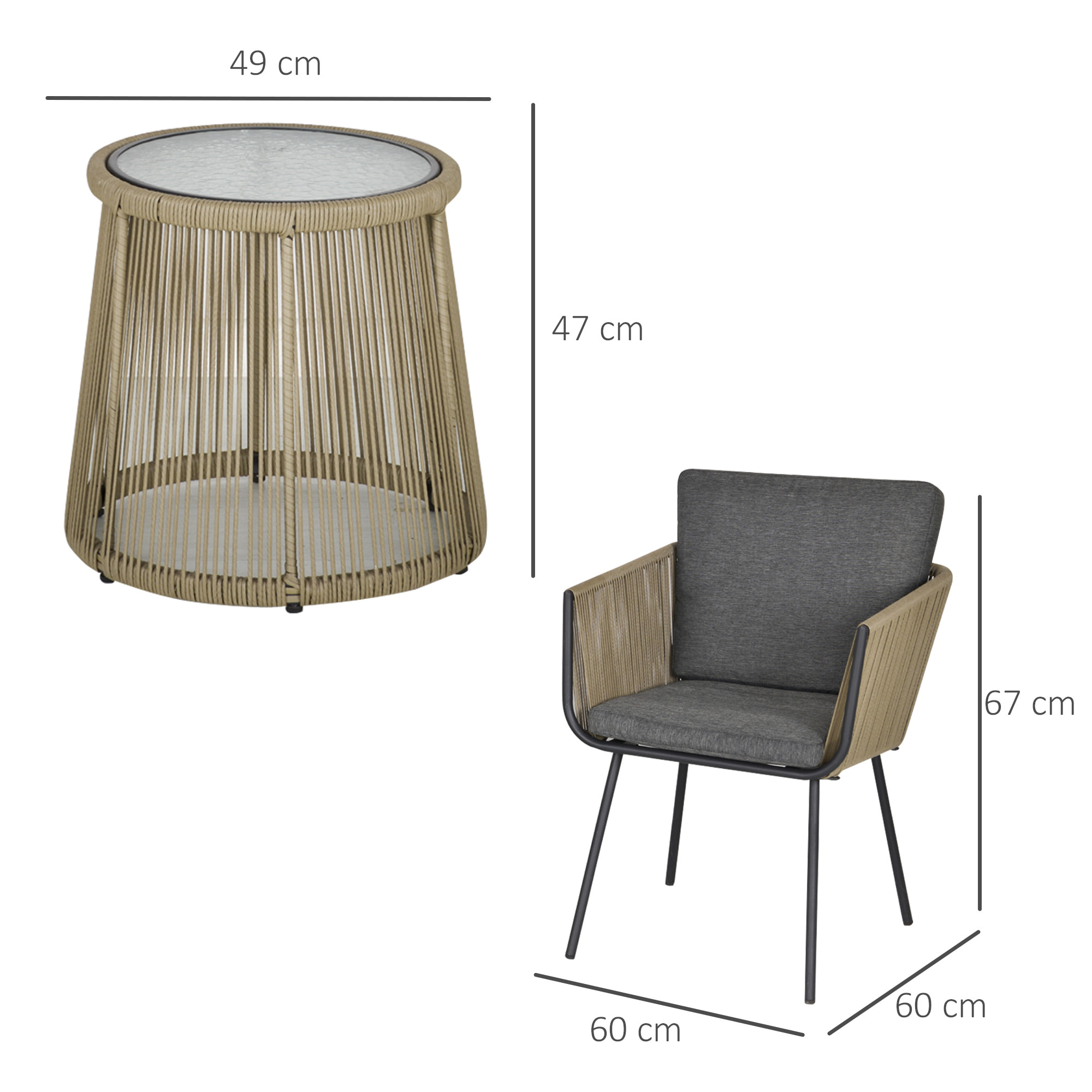 Conjunto de Jardín Exterior de 3 Piezas Juego de 2 Sillas y Mesa de Ratán con Cojines Acolchados y Encimera de Vidrio para Balcón Terraza Café y Gris