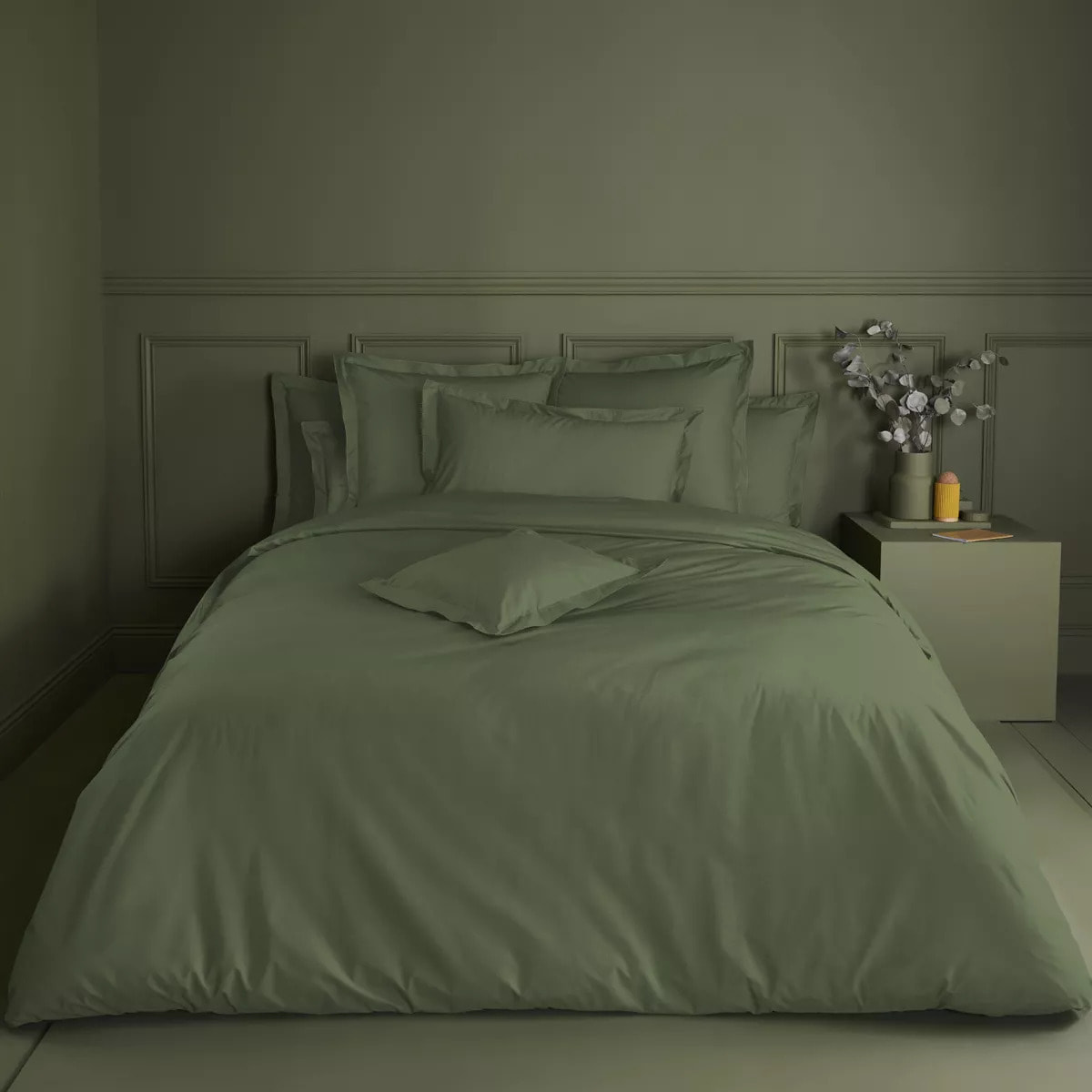 Housse de couette percale de coton uni vert La percale francaise kaki