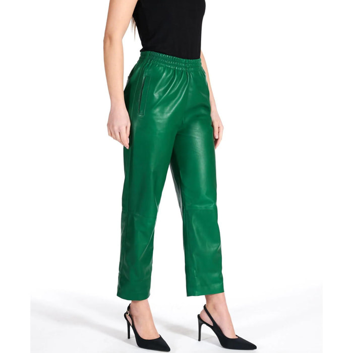 Pantalone sfoderato in pelle naturale verde