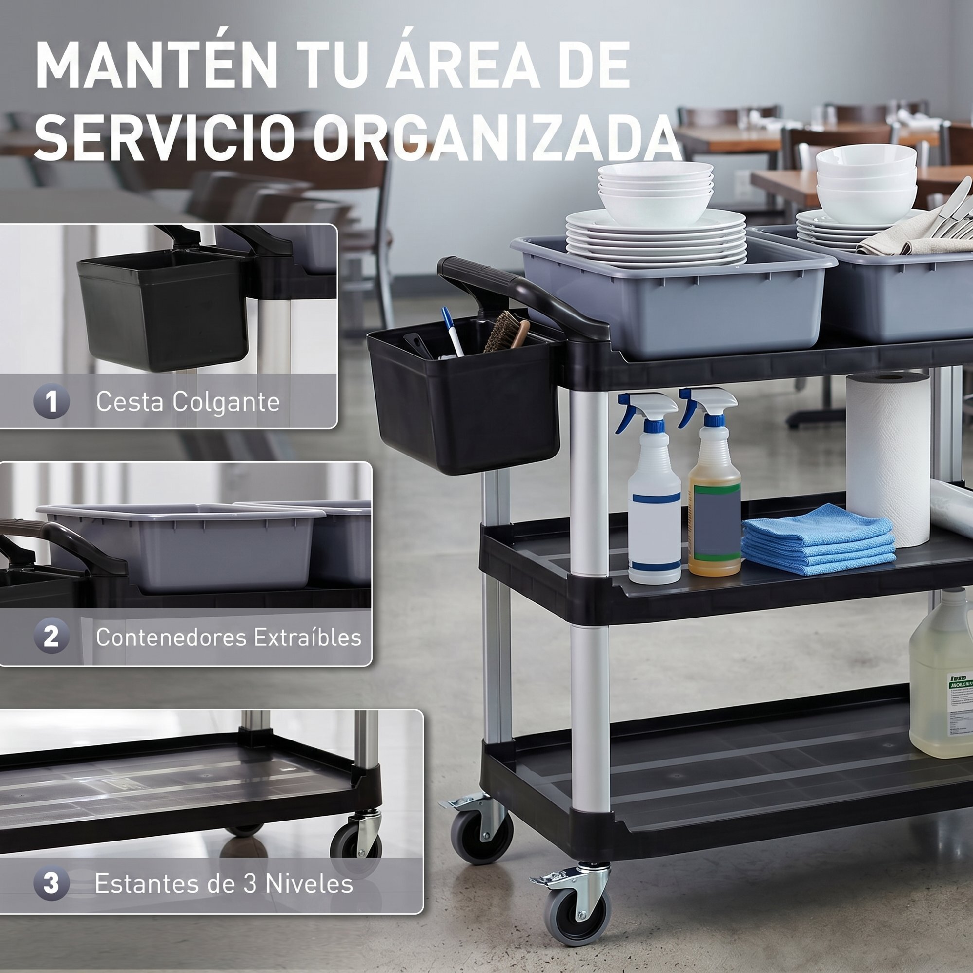 Carro de Limpieza con Ruedas, Carro de Servicio con 3 Estantes, 2 Contenedores y Cubo Lateral Colgante, Estructura de Aluminio, Carga 100 kg, 115x50x100 cm, Negro
