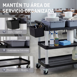 Carro de Limpieza con Ruedas, Carro de Servicio con 3 Estantes, 2 Contenedores y Cubo Lateral Colgante, Estructura de Aluminio, Carga 100 kg, 115x50x100 cm, Negro