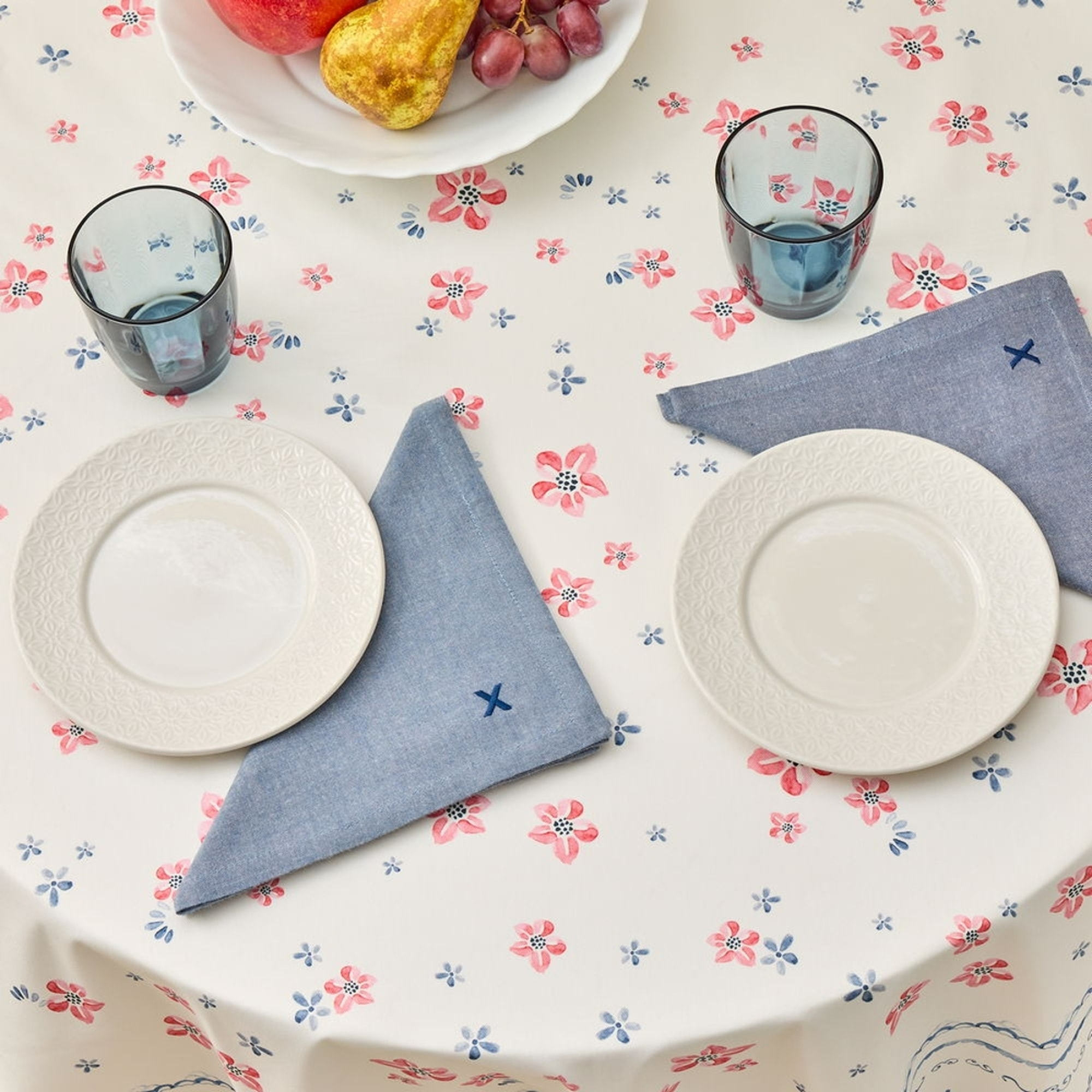 Mantel antimanchas redondo flores y hojas Tiler color azul 100% Algodón