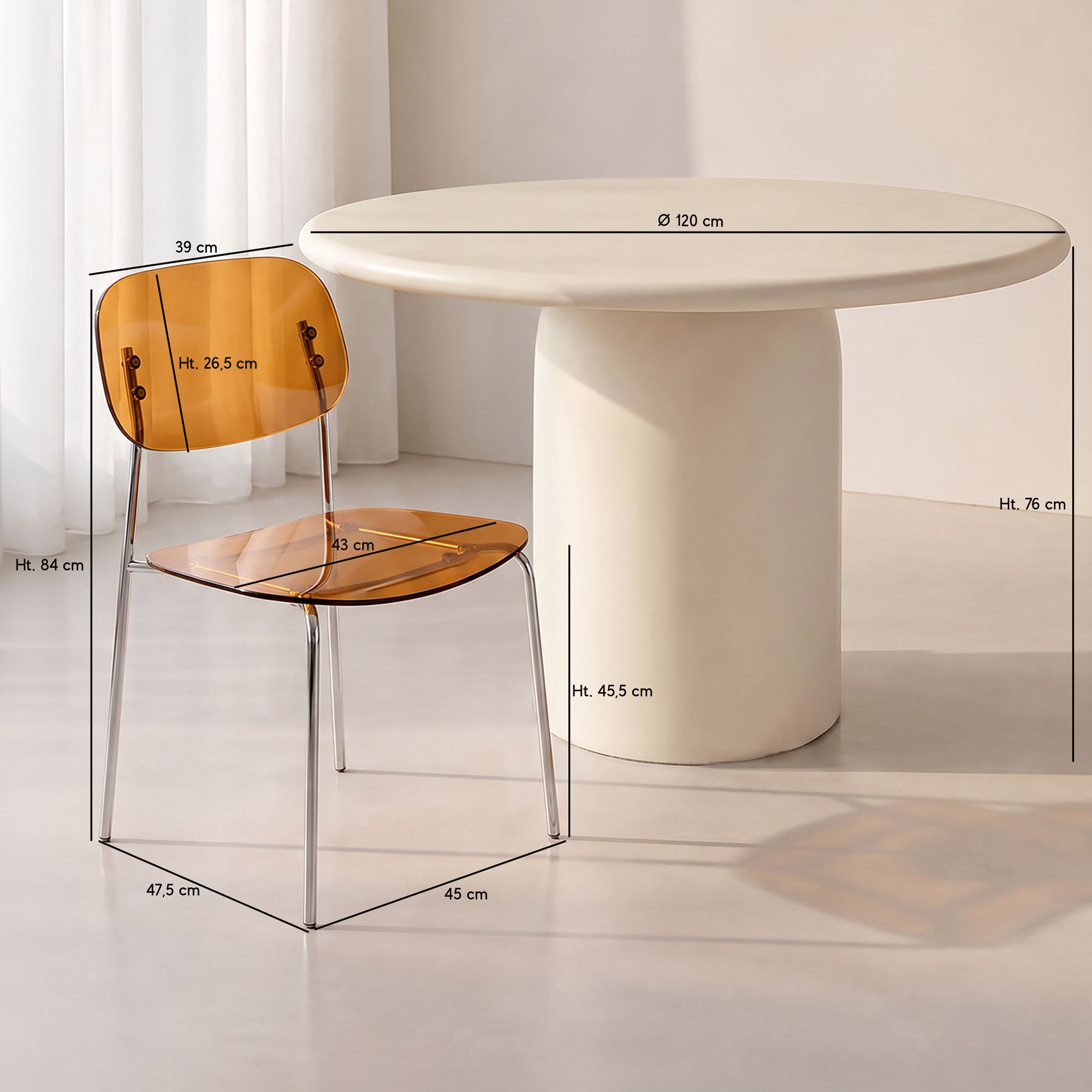 Ensemble table ronde 120cm et 4 chaises en résine acrylique ambre GLAM