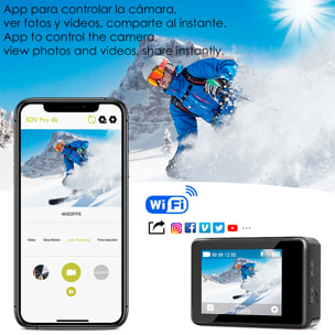 Cámara Deportiva AT-Q60AR de 4k 30fps con 16 mpx, doble pantalla de 2" y 1.3" con multitud de accesorios deportivos y WIFI.