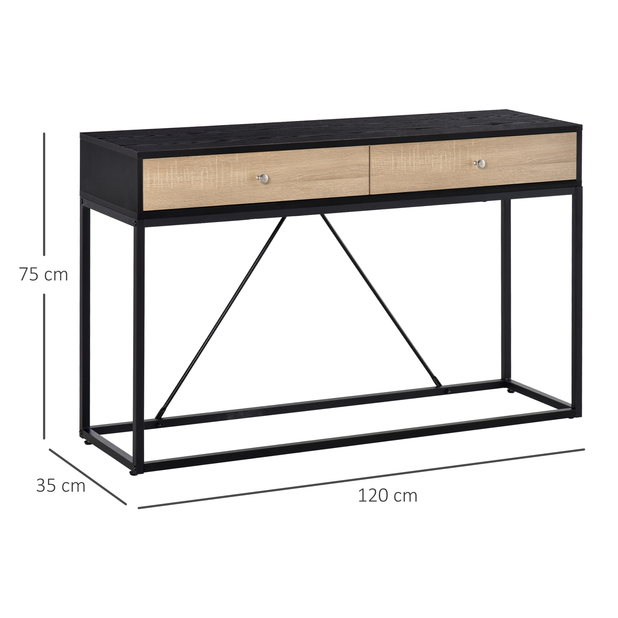 Table console moderne 2 tiroirs métal et panneau de particules dim. 120 x 35 x 75 cm