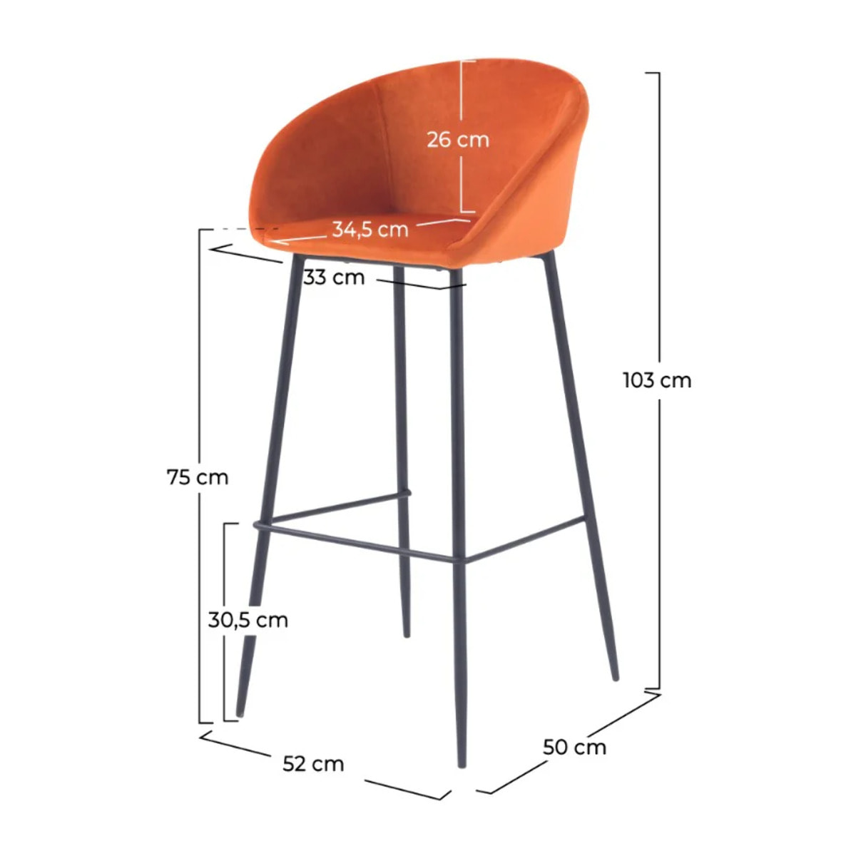 Lot de 2 chaises de bar 75 cm en velours orange - Marquise