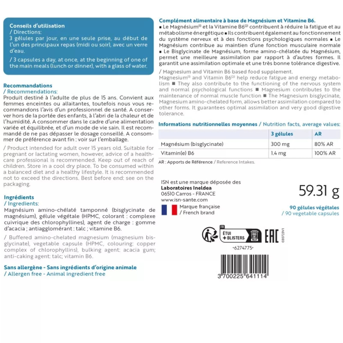 INELDEA SANTE NATURELLE - Magnefor - Complément Alimentaire au Bisglycinate de Magnésium + Vitamine B6 - Assimilation Optimale - Nervosité et Fatigue musculaire - 90 Gélules Végétales