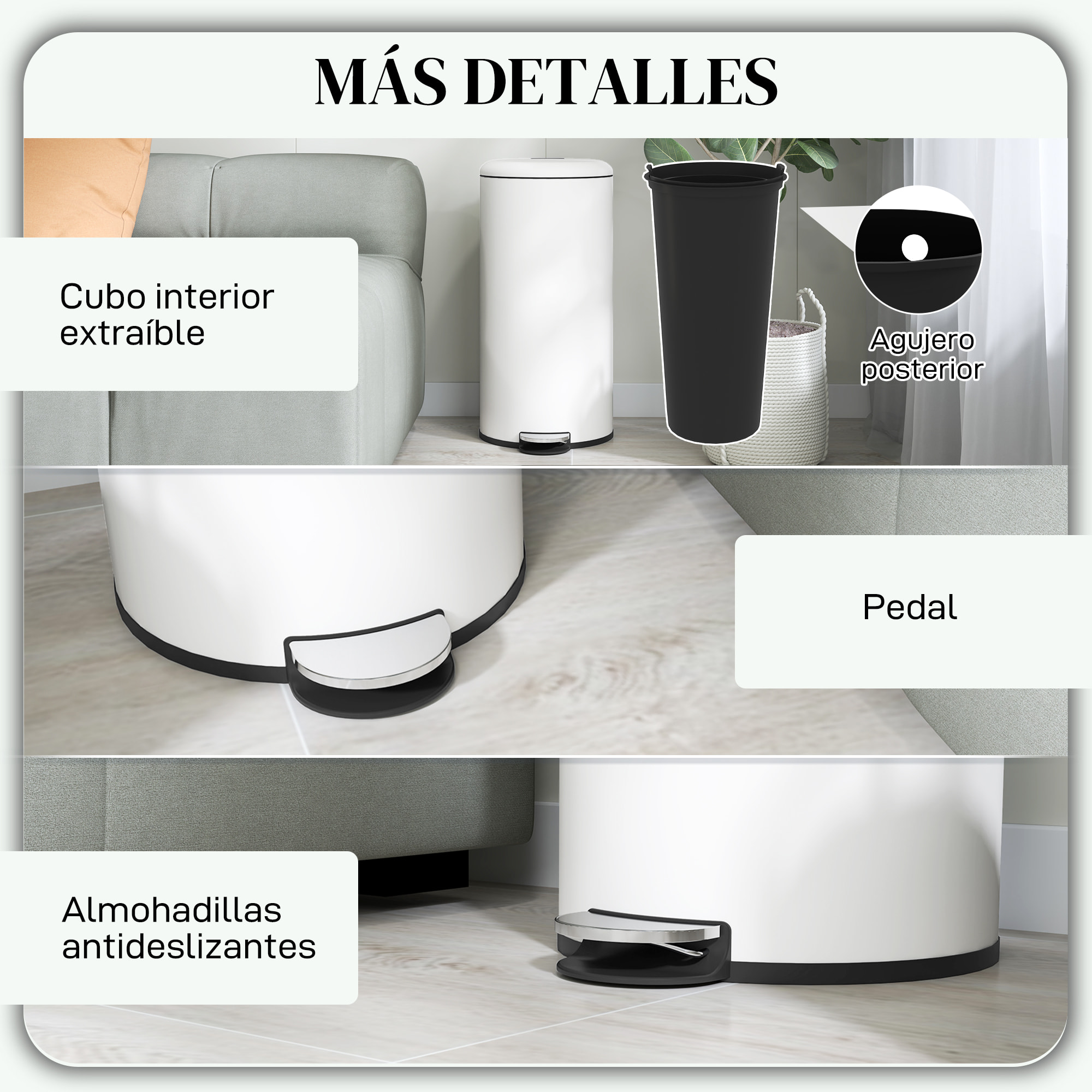 Cubo de Basura para Cocina 30L Papelera de Cocina con Pedal Tapa de Cierre Suave y Cubo Extraíble para Dormitorio Oficina Estudio Salón Crema