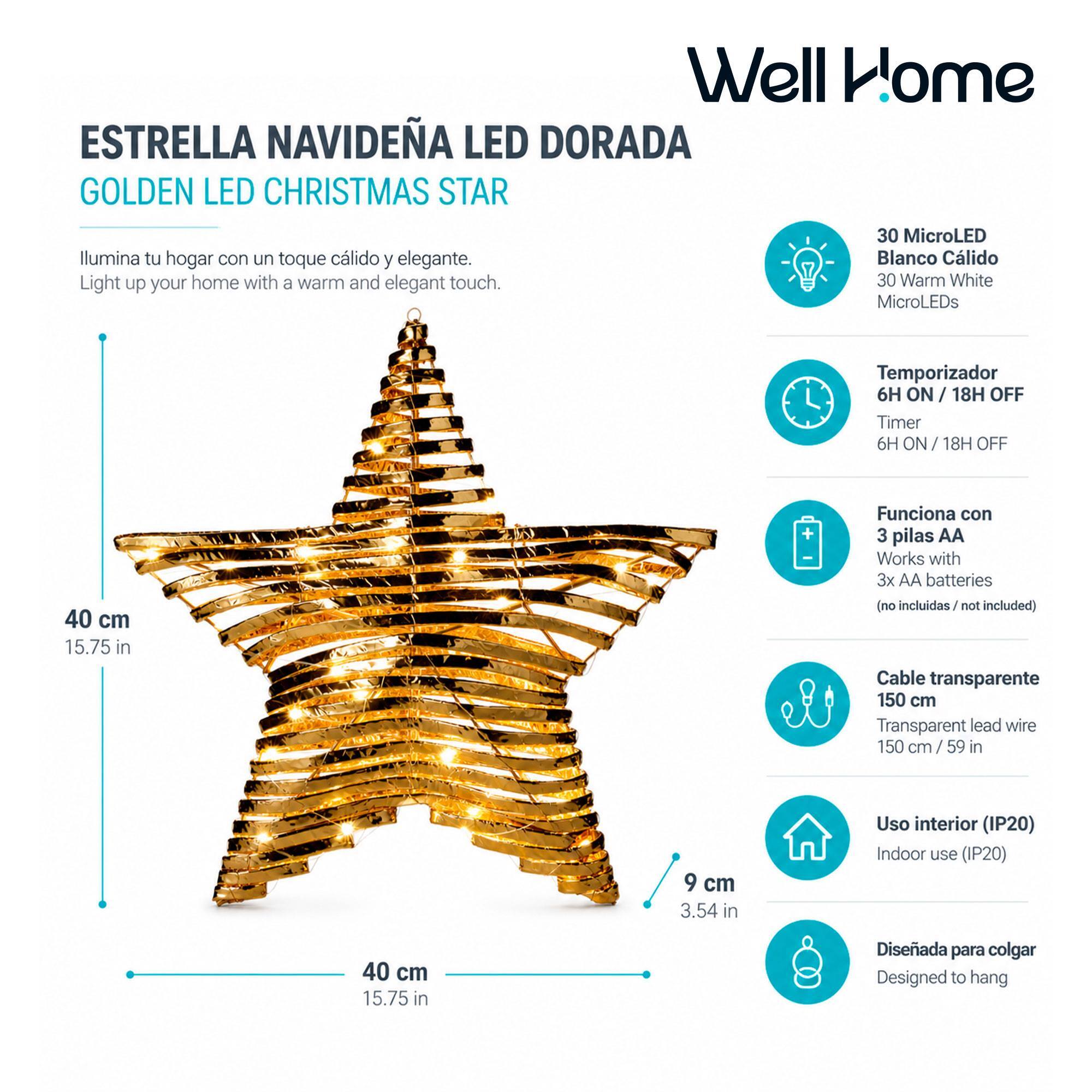 Estrella navideña led dorada para colgar con 30 microled blanco cálido, con temporizador 40x9x40 cm
