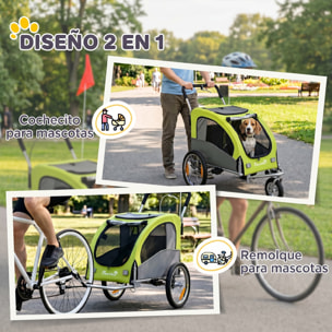 Remolque de Bicicleta Perros 2 en 1, Carrito para Perros Medianos hasta 20 kg y Gatos Plegable con Suspensión, Neumáticos Grandes, Ventanas de Malla, Freno de Mano, Reflectores, Bandera, Verde