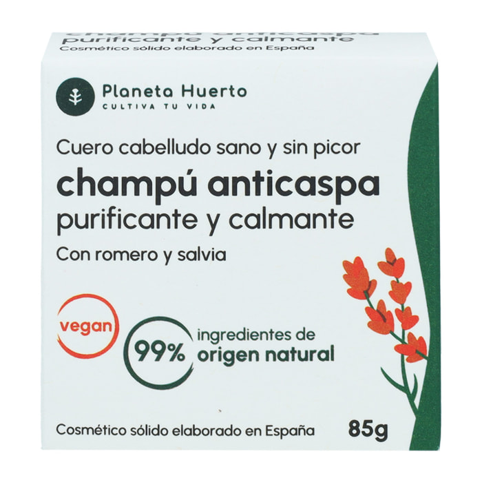 PLANETA HUERTO | Champú Sólido Anticaspa con Romero y Salvia 85 gr - Control de Caspa y Cuidado del Cuero Cabelludo