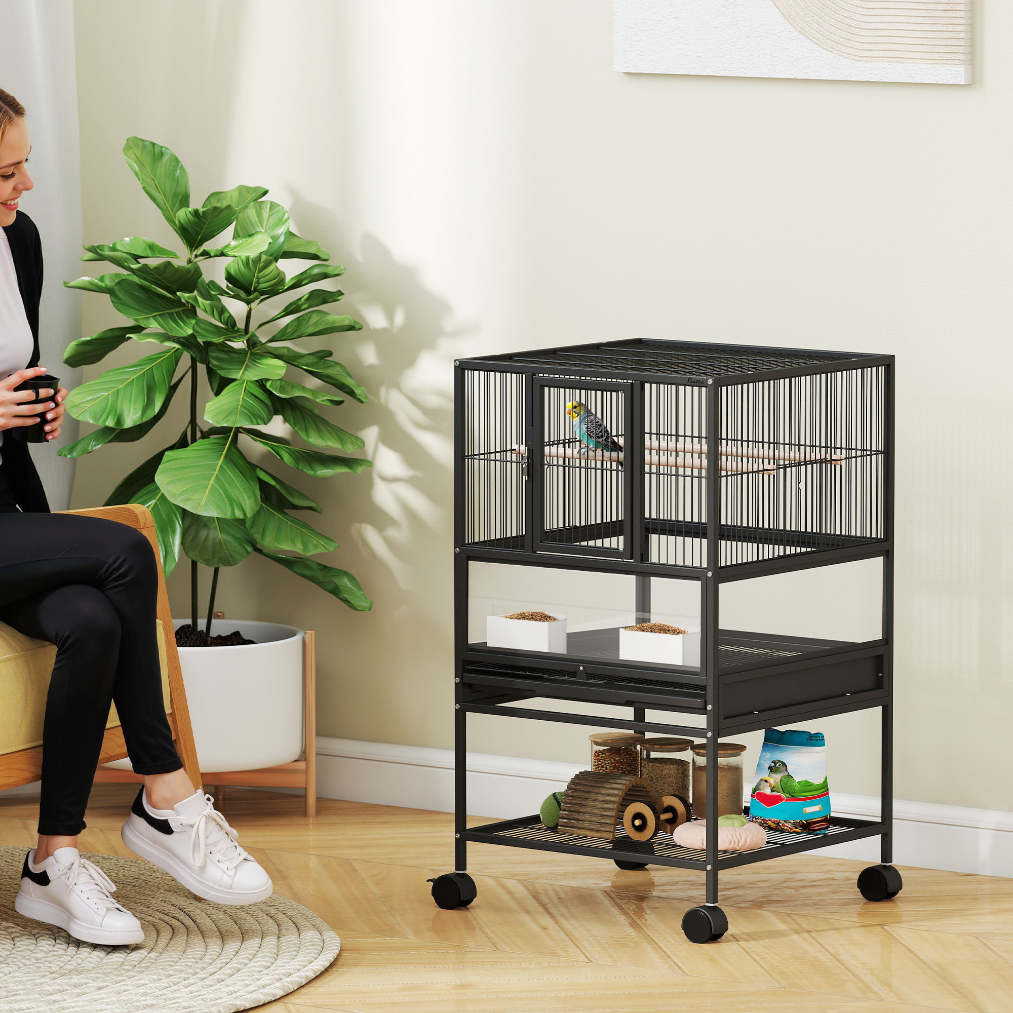 Jaula para Pájaros Jaula Grande con Ruedas Paneles Acrílicos Comederos Perchas Estante Bandejas Extraíbles Pajarera para Loros Canarios 48x46x83 cm Negro