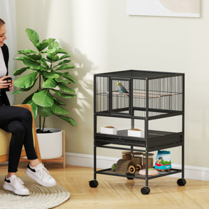 Jaula para Pájaros Jaula Grande con Ruedas Paneles Acrílicos Comederos Perchas Estante Bandejas Extraíbles Pajarera para Loros Canarios 48x46x83 cm Negro