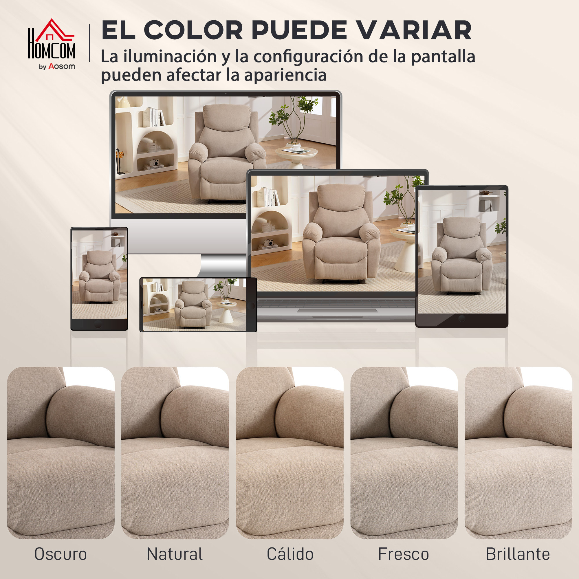 Sillón Relax Reclinable Manual, Sillón Relax Moderno, Tapizado en Tela Aspecto Lino, Reposapiés, Reposabrazos, Acolchado Grueso, Butaca Reclinable hasta 150°, Carga 120 kg, para Salón, Beige