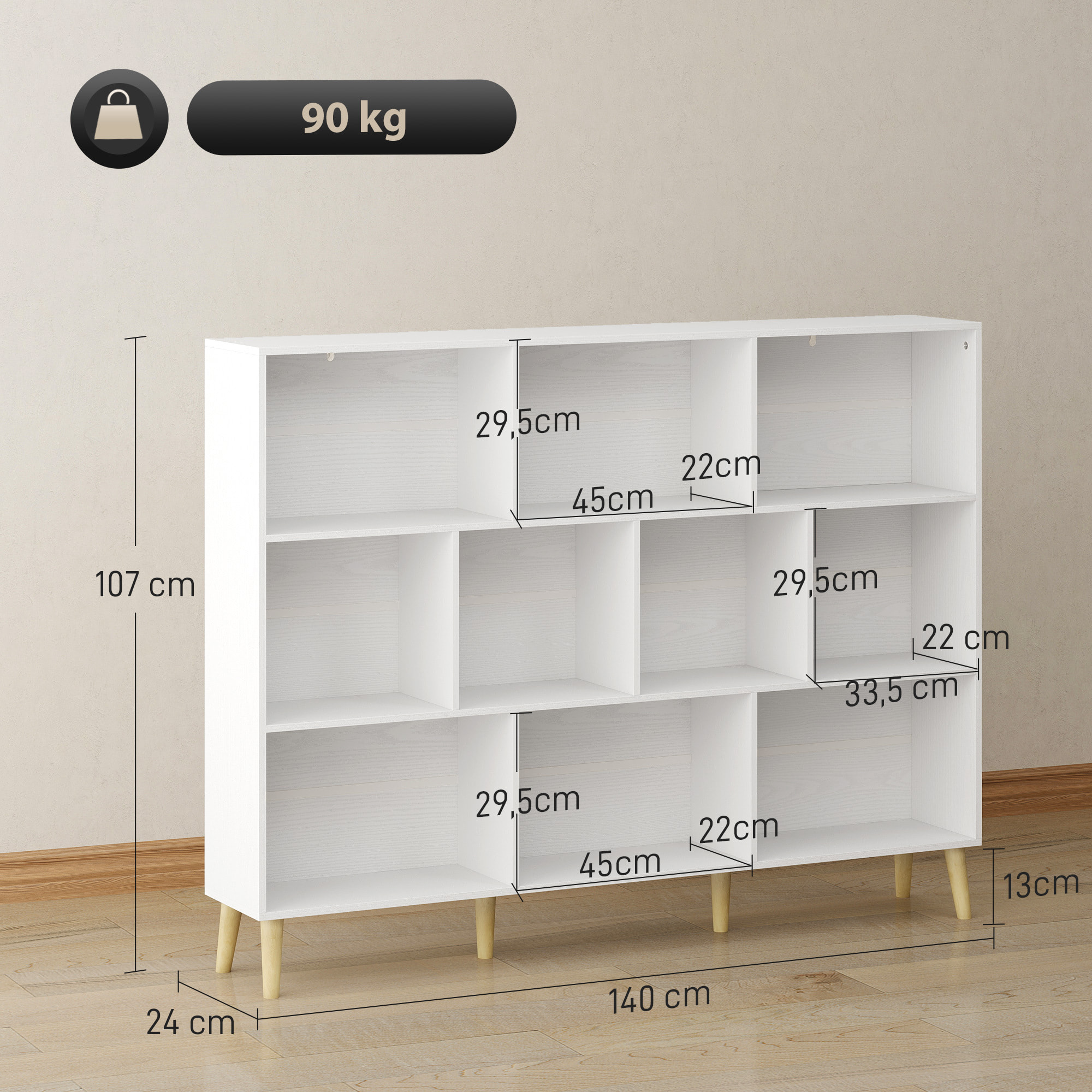 Estantería de 10 Cubos, Librería de 3 Niveles con Patas de Madera Maciza, para Dormitorio, Salón, Estudio u Oficina, 140x24x107 cm, Blanco
