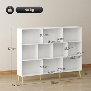 Estantería de 10 Cubos, Librería de 3 Niveles con Patas de Madera Maciza, para Dormitorio, Salón, Estudio u Oficina, 140x24x107 cm, Blanco