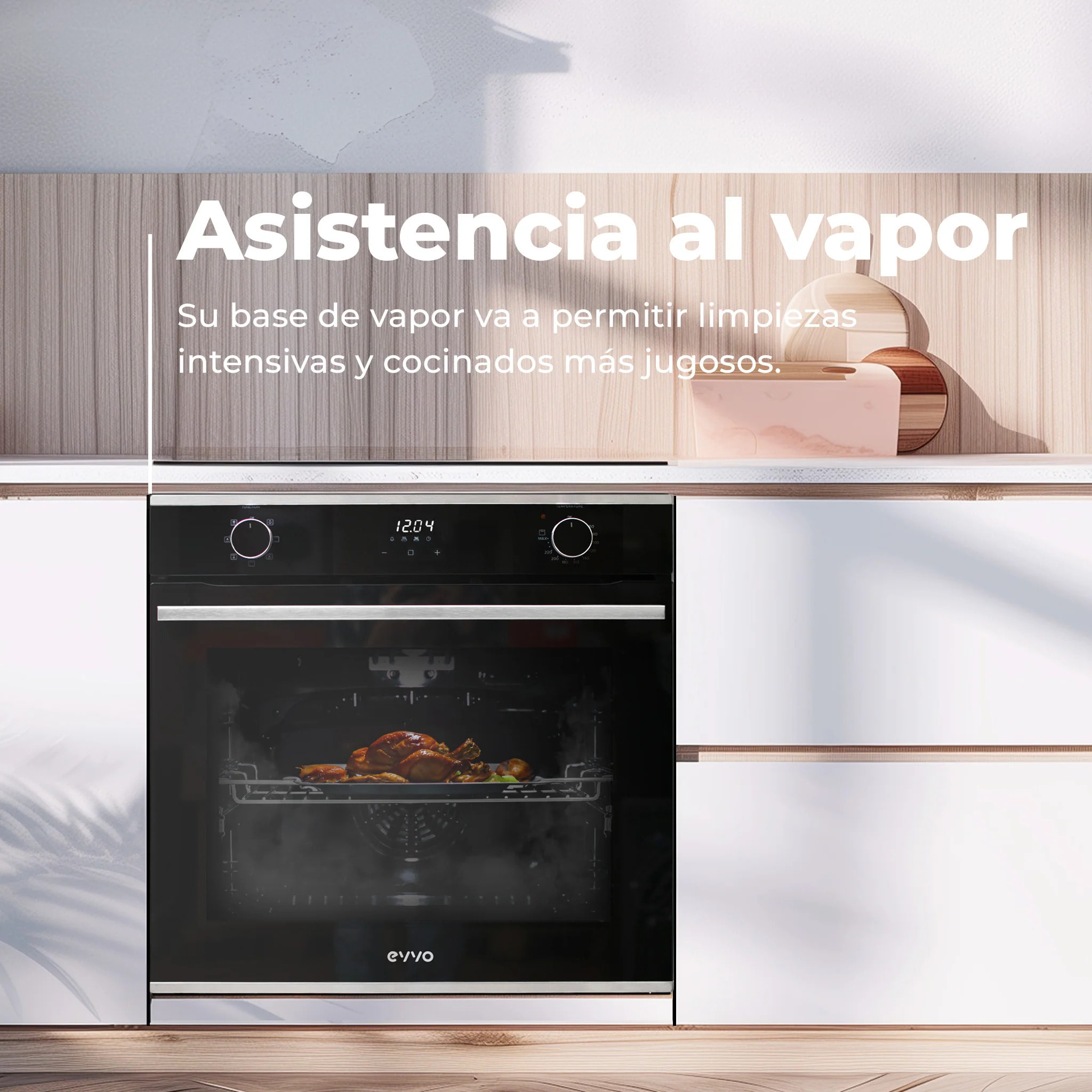 EVVO Horno integrable H20, 77L, clase A, 7 programas, display digital, temporizador, mando selector, puerta triple cristal, inox.