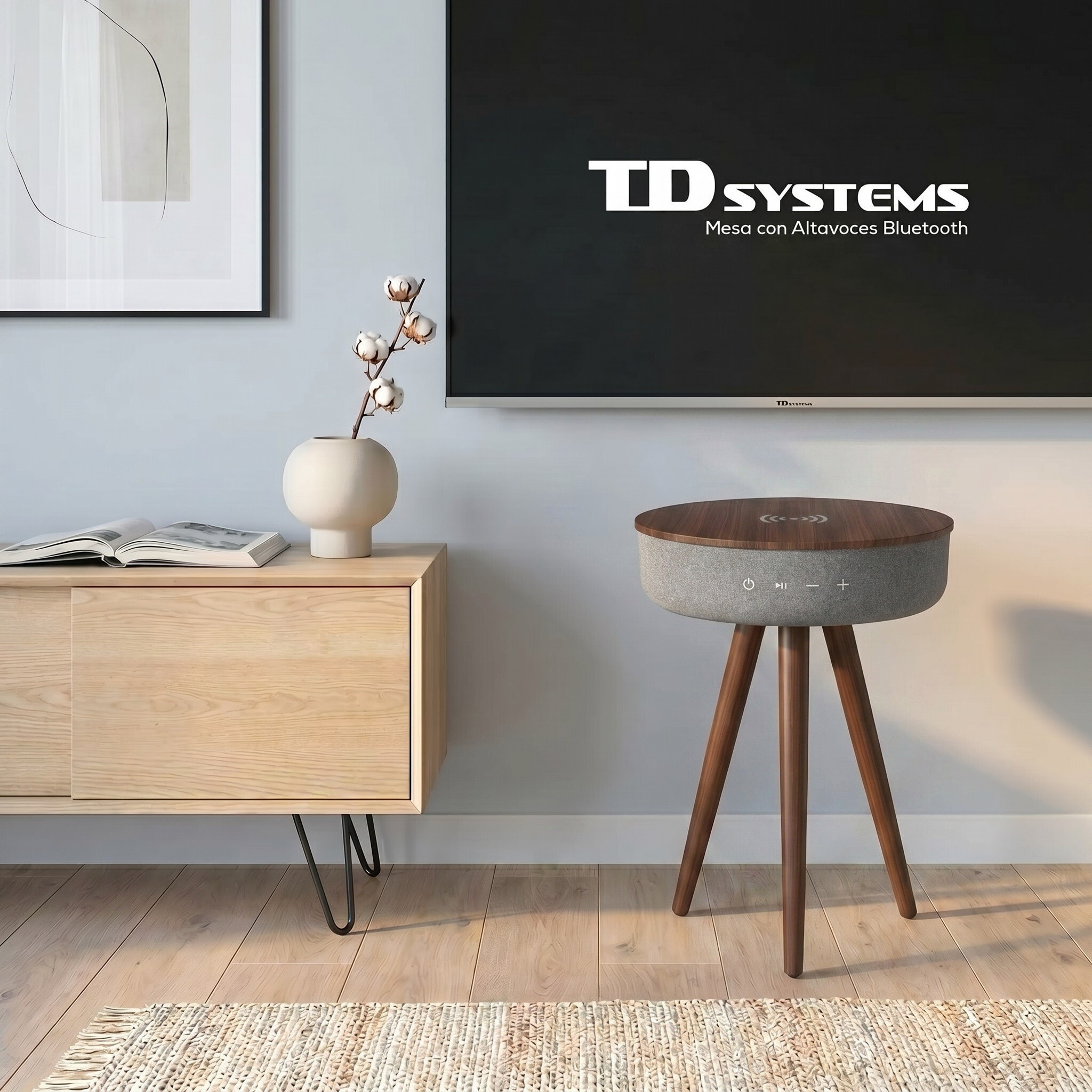 Mesa auxiliar altavoz portátil con sonido de 30W, Bluetooth, base de carga inalámbrica, batería de 2200mAh. Mesilla o mesita para dormitorio o sala de estar - TD Systems SM30B11WR [Madera roble]