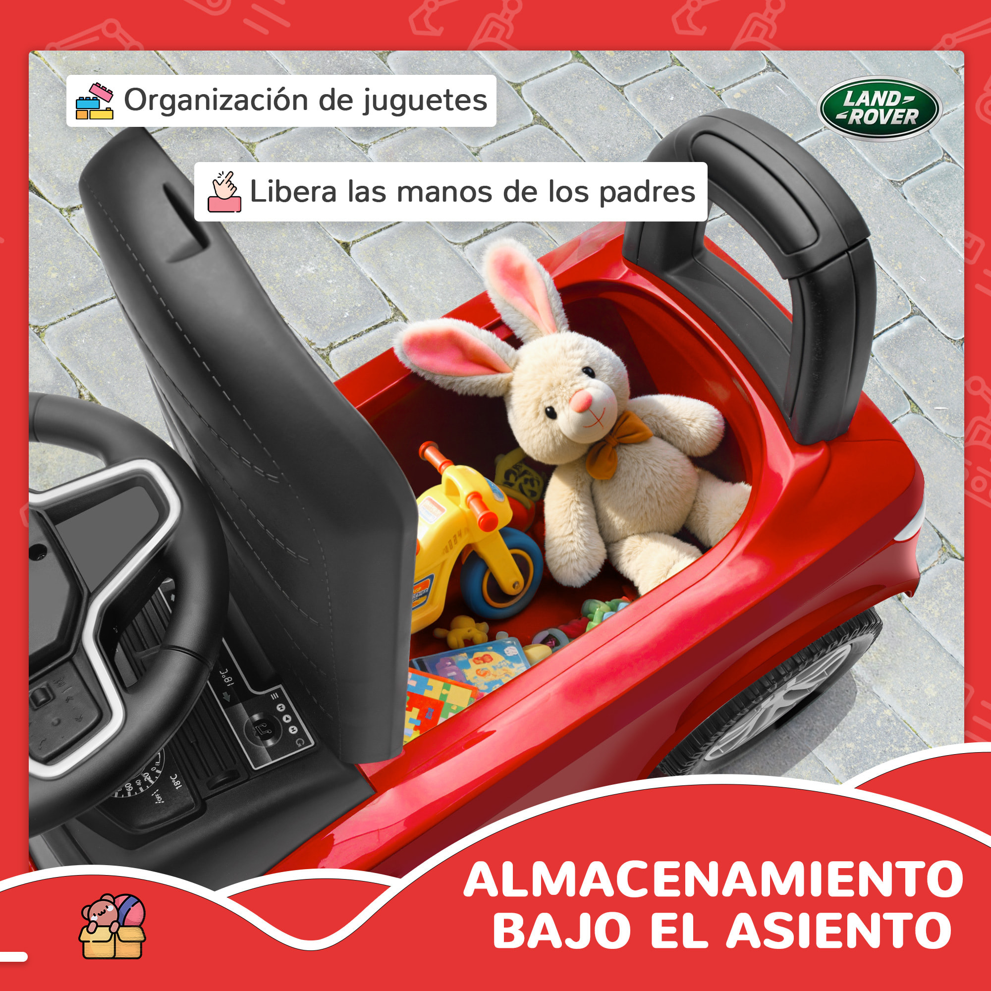 Coche Correpasillos con Licencia de Land Rover, Correpasillos para Niños de 18-36 Meses con Almacenaje, Volante, Bocina, Sonidos de Motor, 65,5x28x42 cm, Rojo