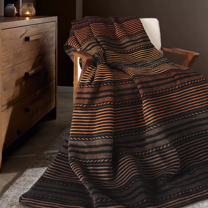 Plaid coton mélangé 415 g/m² motif jacquard noir orange Bambous ocre