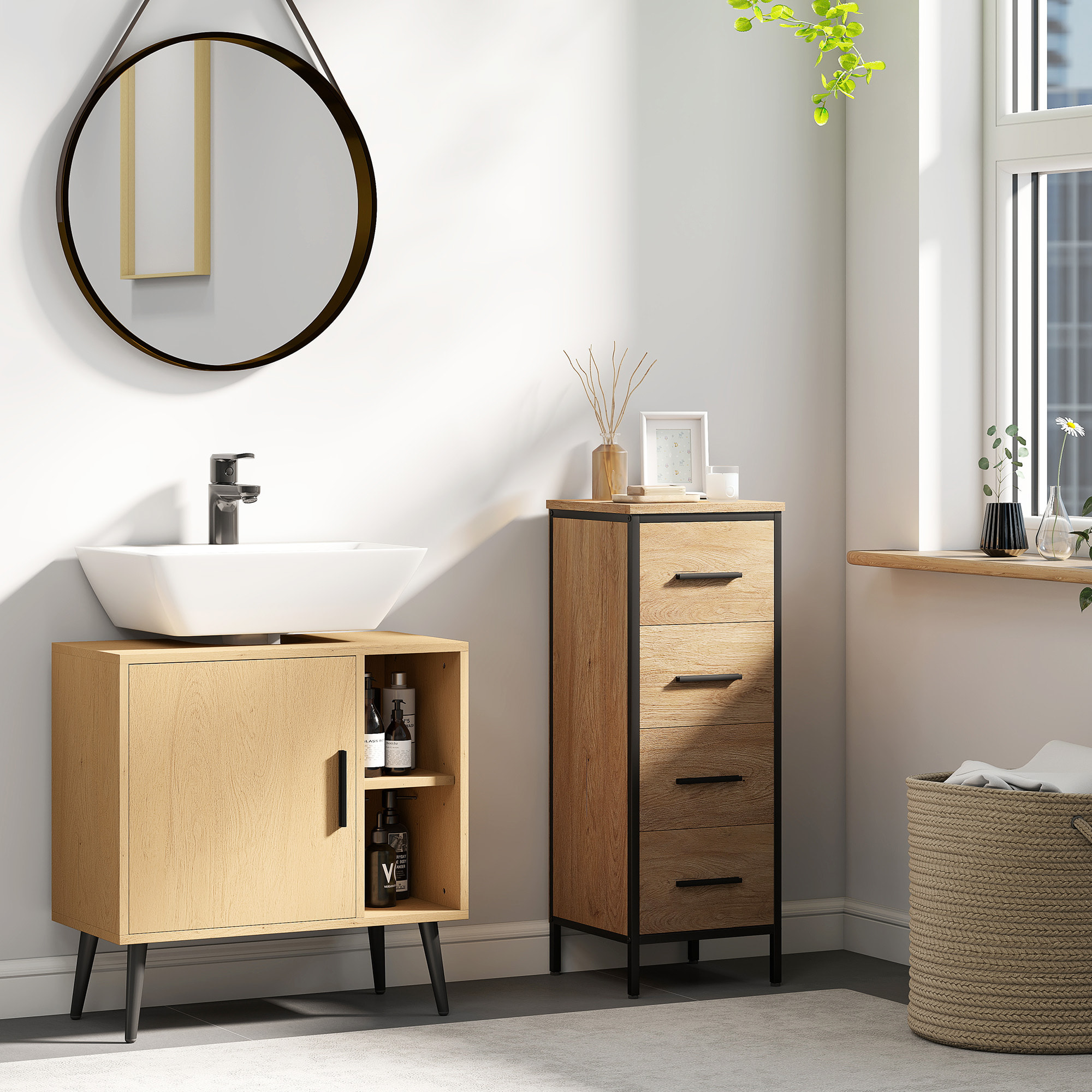 Meuble sous vasque style nordique dim. 60 x 30 x 59,5 cm - porte, 2 niches - piètement métal noir effet bois clair