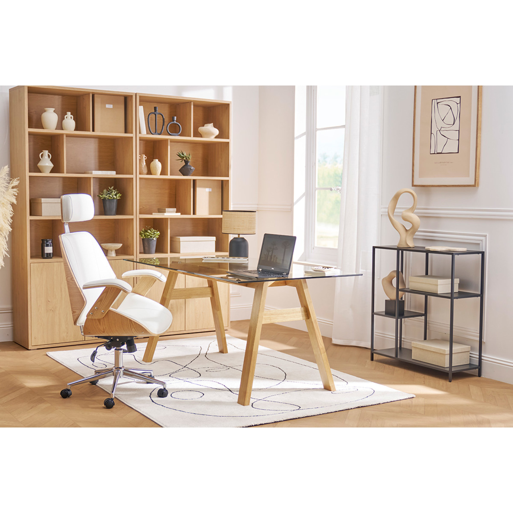 Fauteuil de bureau de direction design en tissu gris, bois clair et acier chromé MUSK