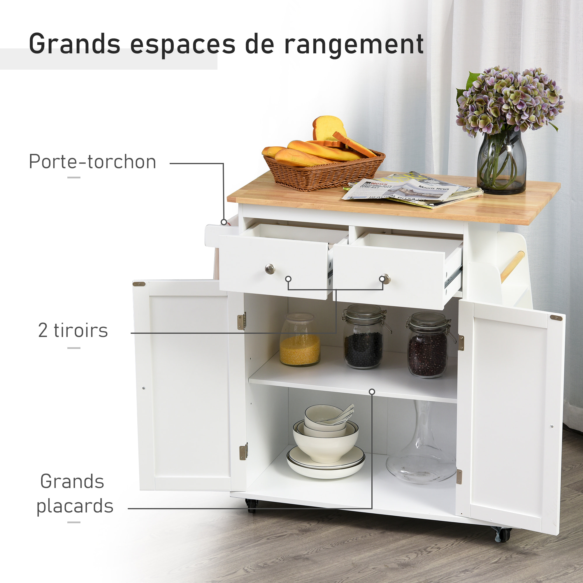 Desserte de cuisine multi rangements MDF hévéa