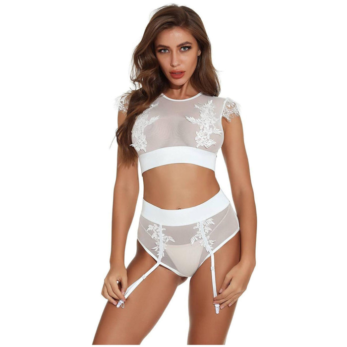 Conjunto blanco de lencería con transparencias y liga