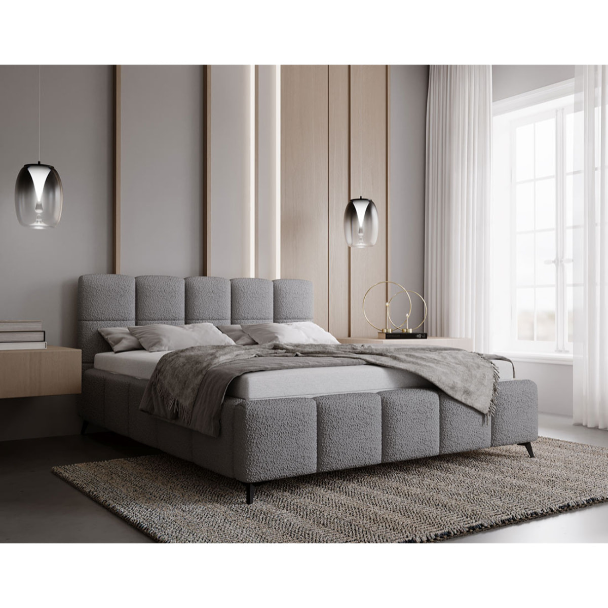 Paulito - lit coffre - 180x200 cm - sommier inclus - en tissu bouclette - Gris