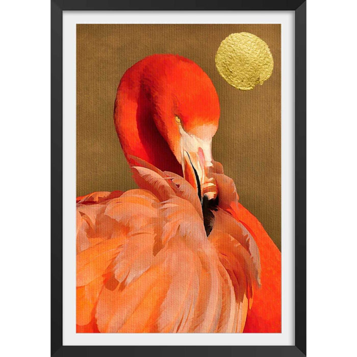 Affiche animaux flamingo et soleil d'or Affiche sous cadre noir