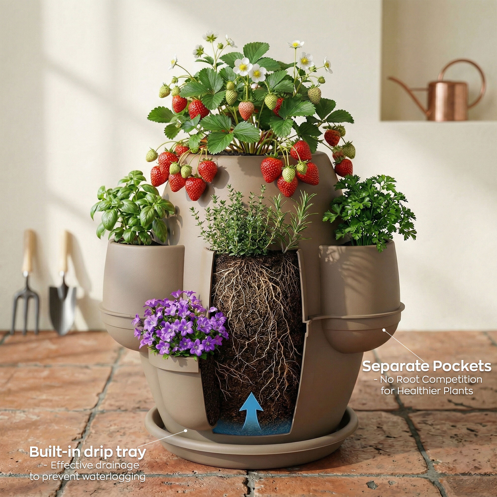 Oasi - Fioriera Da Giardino 80x80x80 Cm Con 6 Tasche Perimetrali E Sottovaso Cappuccino