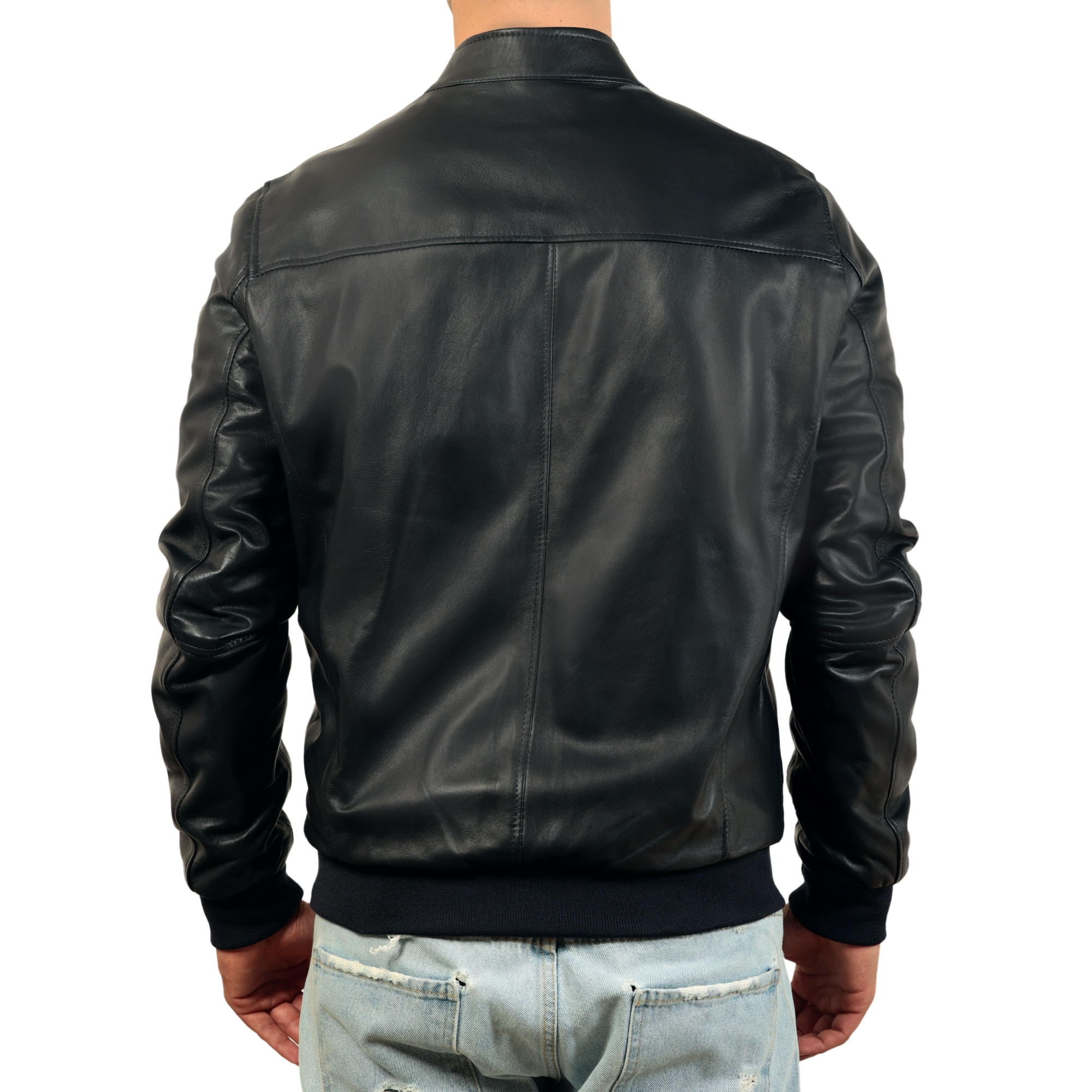 Giubbino in vera pelle di vitello foderato con trapunta invernale Blu-Slim Fit