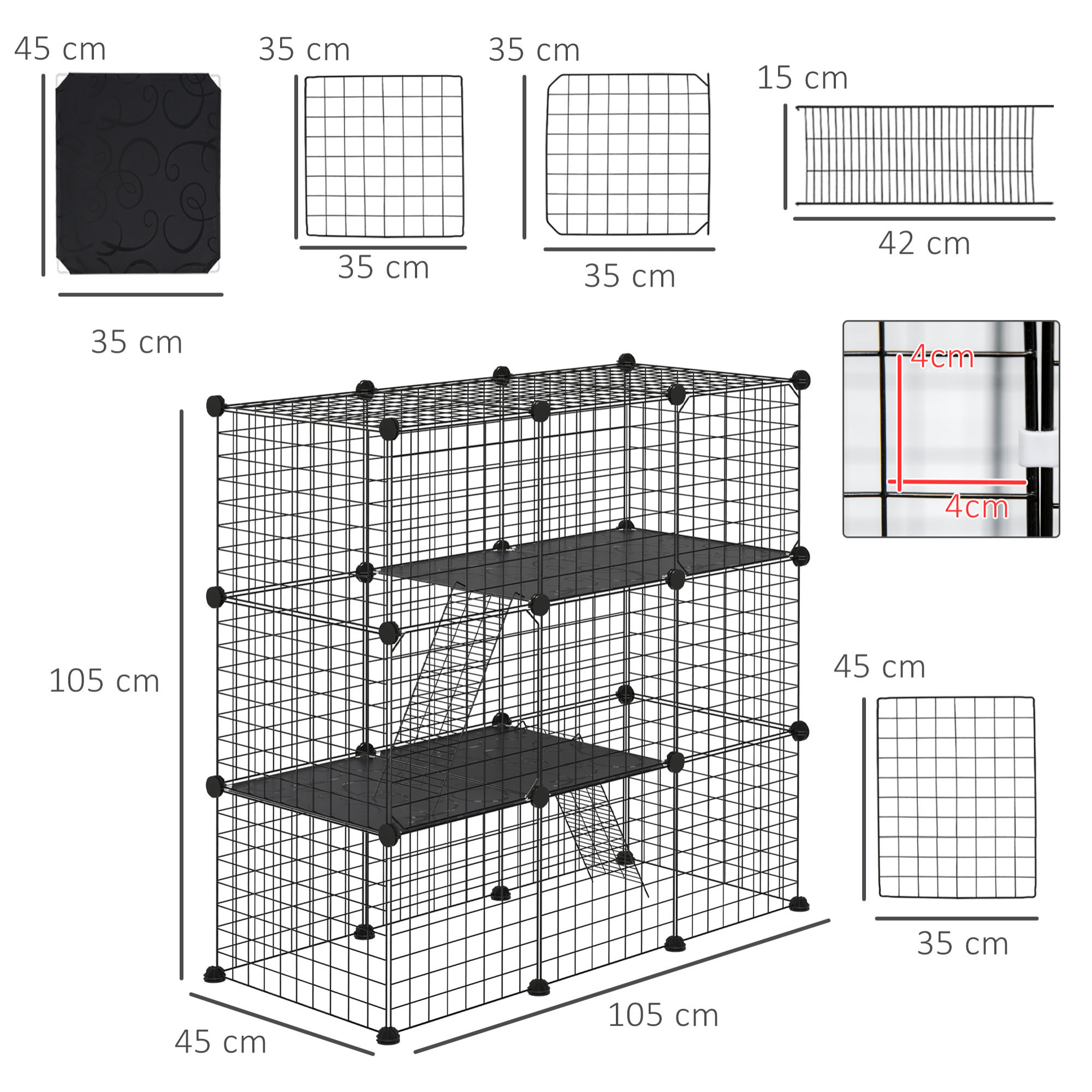 Jaula para Animales Pequeños de 31 Paneles Parque para Mascotas en Bricolaje con Rampa Corralito para Cobayas Conejos Chinchillas 105x45x105 cm Negro