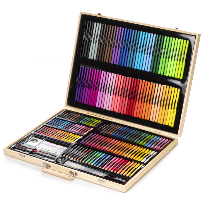 Maletín madera  bellas artes completo de pintura y dibujo 180 piezas oleo,acuarelas, ceras,rotuladores, pastel y lapices con accesorios.