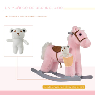 Caballito Balancín con Felpa con Osito de Peluche para Niños 18-36 Meses Caballo Mecedora Sonidos de Relincho y Galope Base de Madera Asiento 35 cm Carga 30 kg 65x26x55 cm Rosa