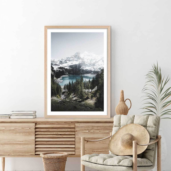 Affiche paysage lac de montagne au sommet Affiche + cadre en bois - Chêne