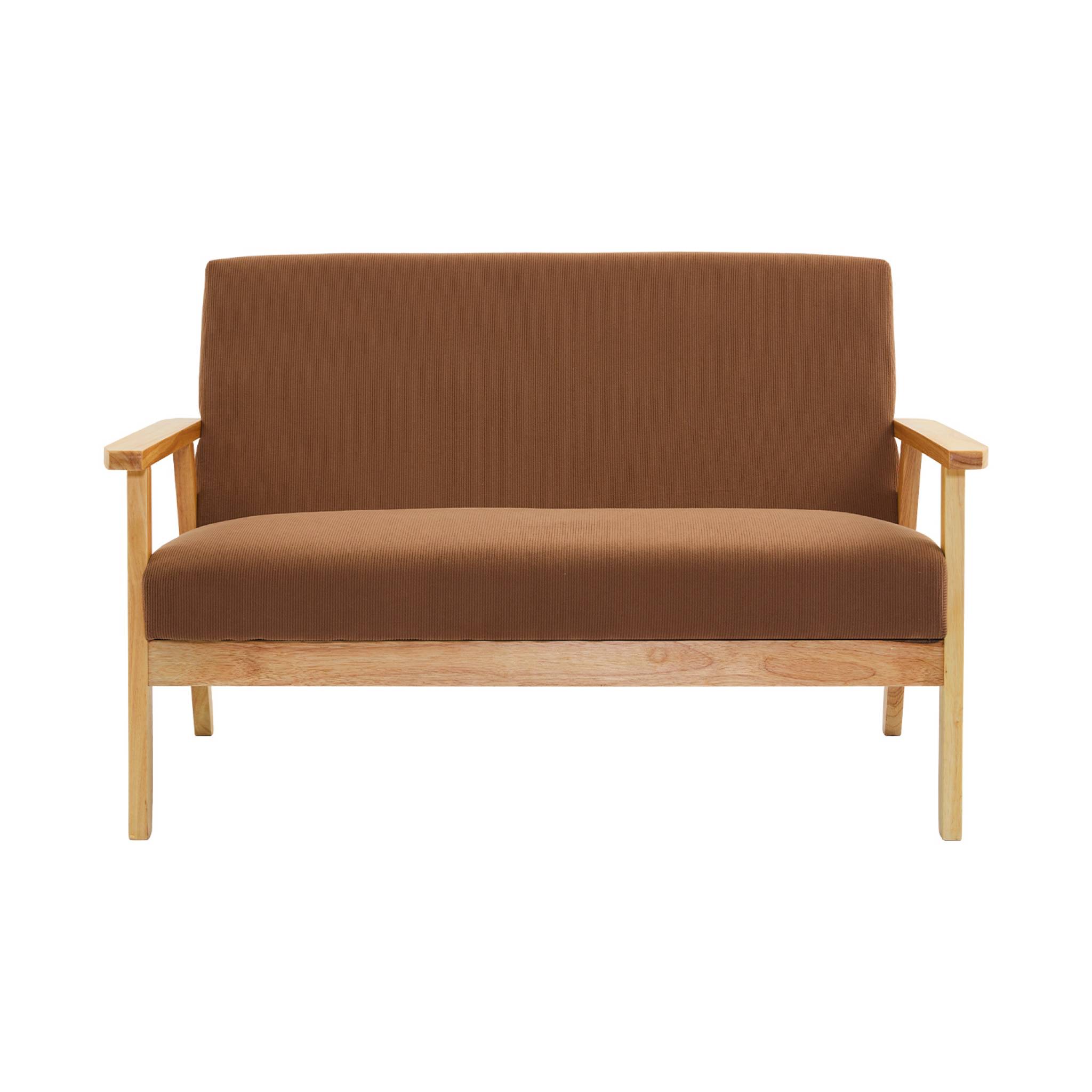 Banquette canapé 2 places en bois et tissu velours côtelé coloris marron. Isak. L 114 x P 69.5 x H 73cm